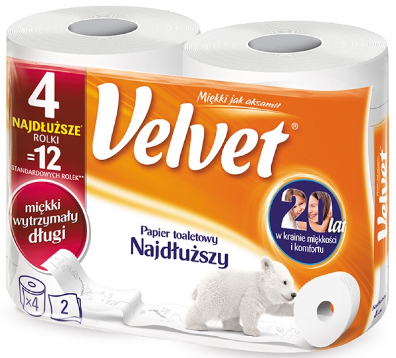 Papier toaletowy celulozowy VELVET Najdłuższy, 2-warstwowy, 486 listków, 4szt., biały